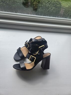 Black Heel Sandals with Gold Buckles